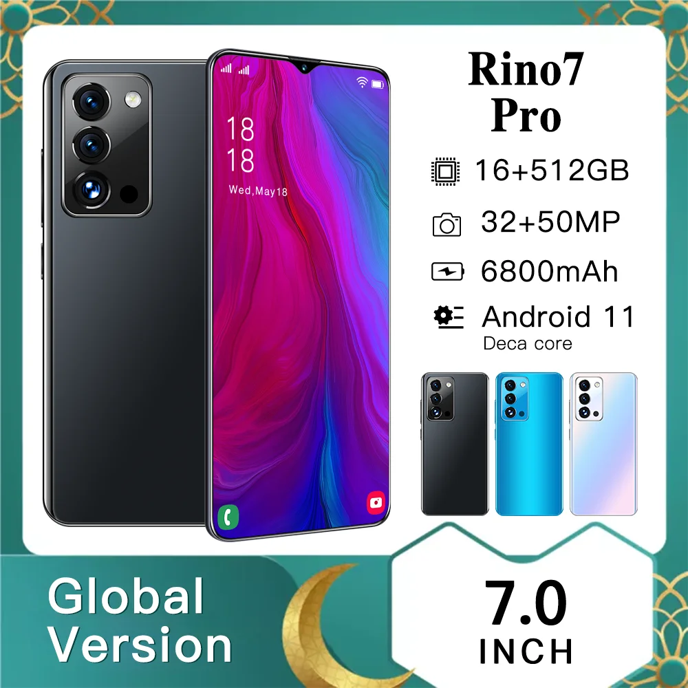 Смартфон Рино 7 Pro 16 + 512 Гб dual SIM + micro -SD 10 core 7,0 дюймов  распознавание лица 32 + 50 Мп 6800mAh смартфон Android 11| Alibaba.com