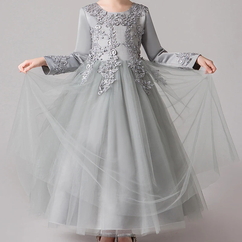 Long Sleeve Floral Graduation Gown for Girls, Wedding Party