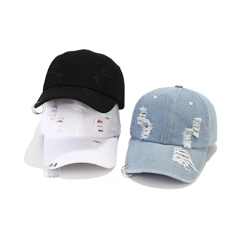 Distressed Washed Denim Ring Baseball Cap Jeans Hip Hop Vintage Dad Hat Adjustable