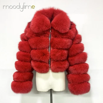 Moodylime Ladies Fur Jacket Women's Mink Cropped Real Fox Fur Coats for Woman Trendy