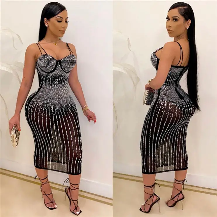 Hot Sale Autumn Mesh Rhinestone Casual Woman Midi Dress Fashion Trend Ladies Fall Night Club Womens Sexy Dresses