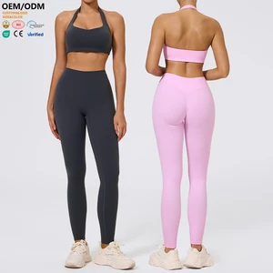 XW-XTTZ420-5 Wholesale Halter Neck Leggings Custom Solid Breathable Fitness Gym Clothing Women Chest Pad 2 Piece Yoga Wear Set