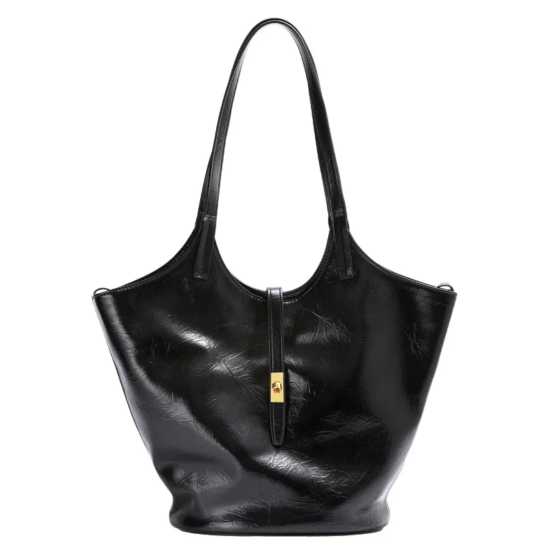 Soft Leather Genuine Leather Womens Tote Bag Large Capacity High-End Black Commute Shoulder Bucket Bag Drawstring Closure