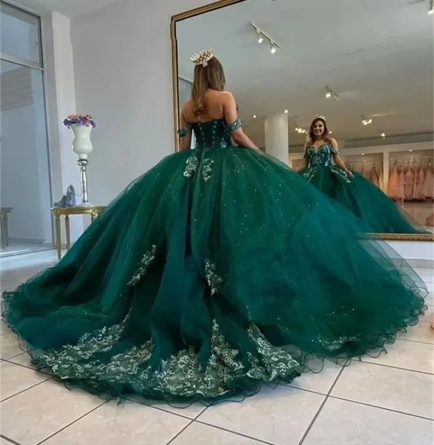 Mumuleo Green Off The Shoulder Ball Gown Puffy Sweet 16 Dress Beaded Quinceanera Dresses Lace Up Back 15 Year Party Evening Gown