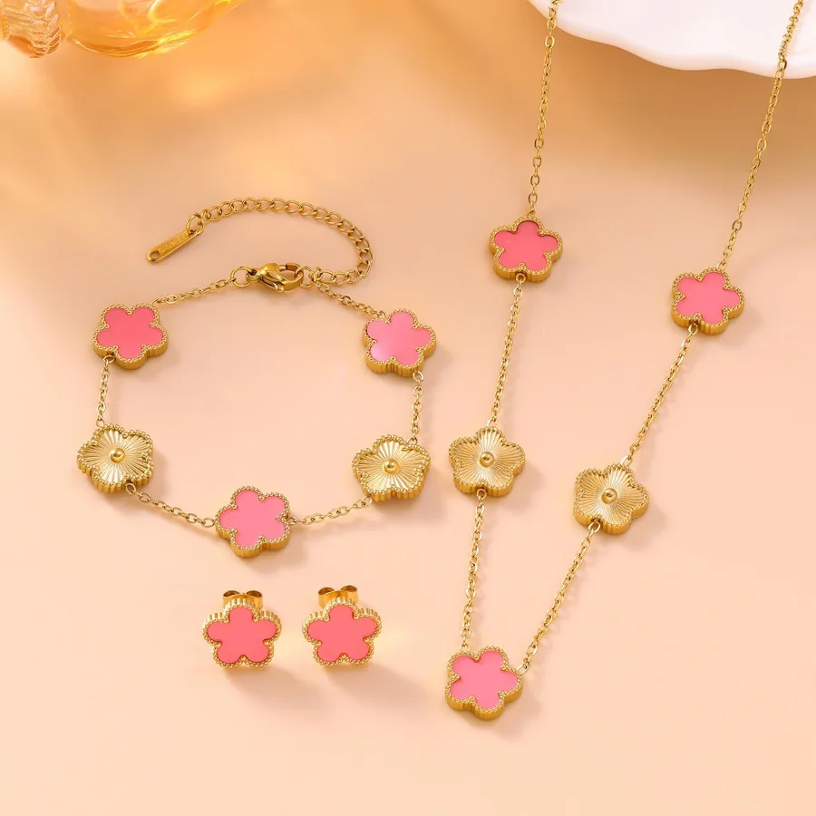 Elegant Five Clover Stainless Steel Jewelry Set