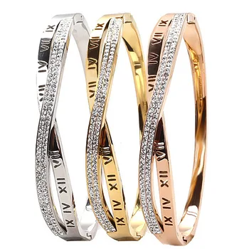 Fashion jewelry  bangles hollow Roman numerals high polishing18K gold  plated cubic zircon 316 stainless steel bangles for women