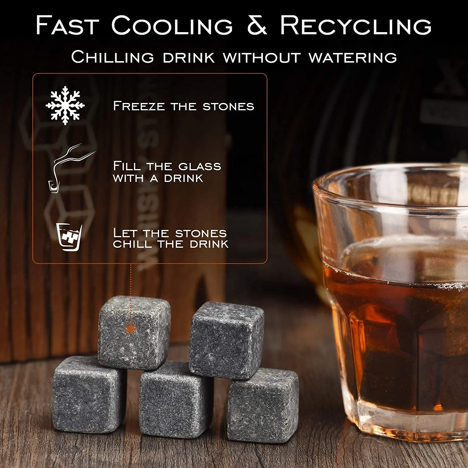 9-piece Reusable Wood Granite Whiskey Stones Gift Set