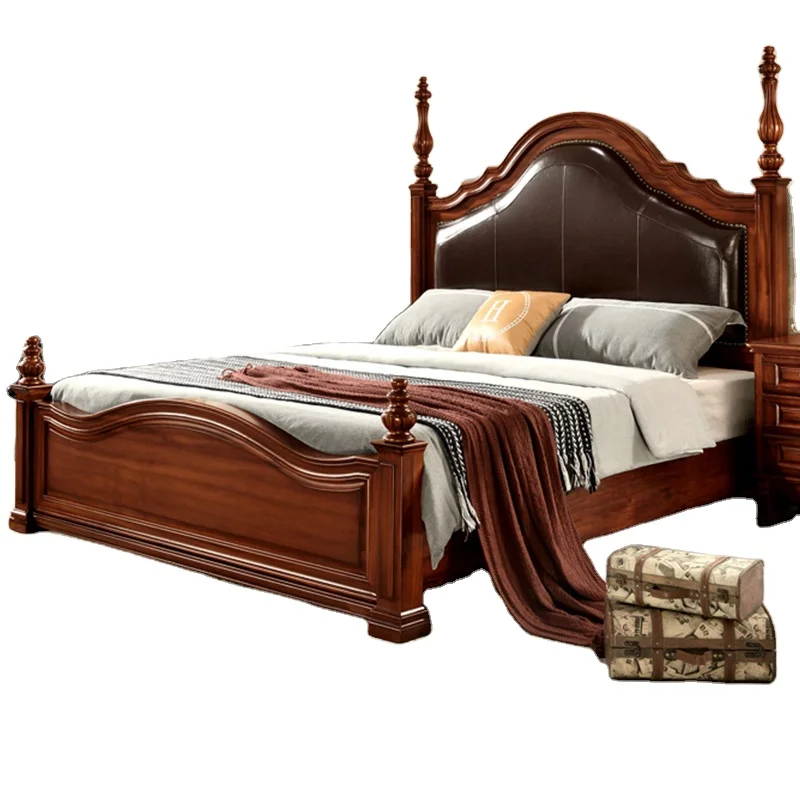 American-style Solid Wood King/queen-size Leather Double Bed with Roman Columns and Upholstered Headboard, Bedroom Furniture.