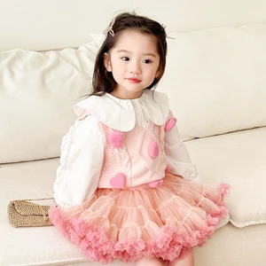 Casual Girls Clothing Set for Spring Autumn 3 Piece Solid Knitted Waistcoat Dress Tutu Skirt for Children