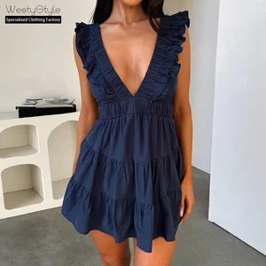 V-Neck Three-Dimensional Pleated Sleeveless Ruffle A-line Candy Color Chiffon Solid Natural Woven Party Beach Mini Casual Dress