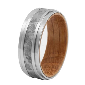 Whiskey Oak & Meteorite Ring Brushed No Allergy Pure Titanium Unique Whiskey Barrel Wood Wedding Band for Man