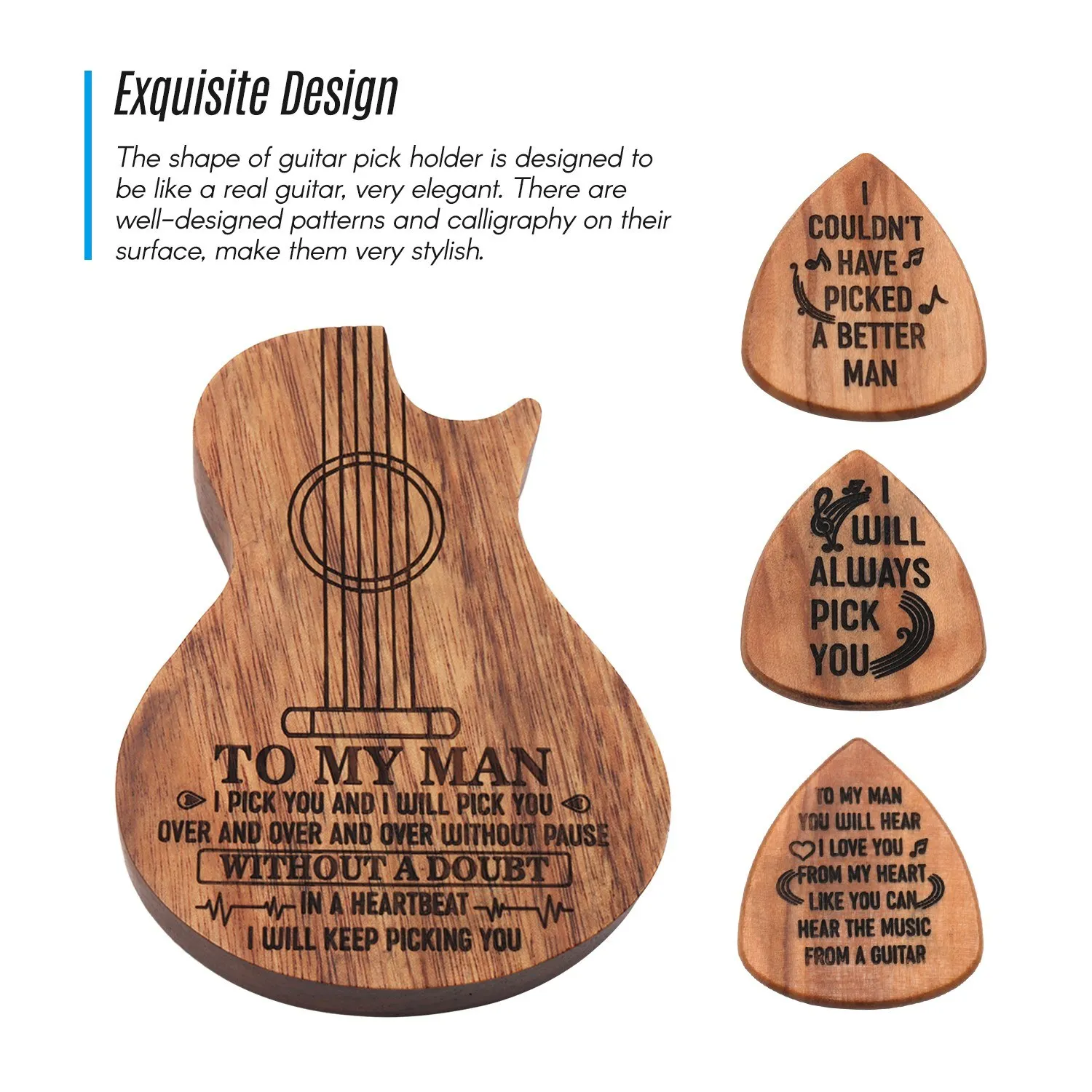 SUPERDANT Guitar Wooden Picks Box Guitar Pick Organizer for Man Plectrum Container Wooden Collector with 6 Pcs Traingle Wood Guitar Picks for Electric Bass Guitar Music Instrument Accessory 