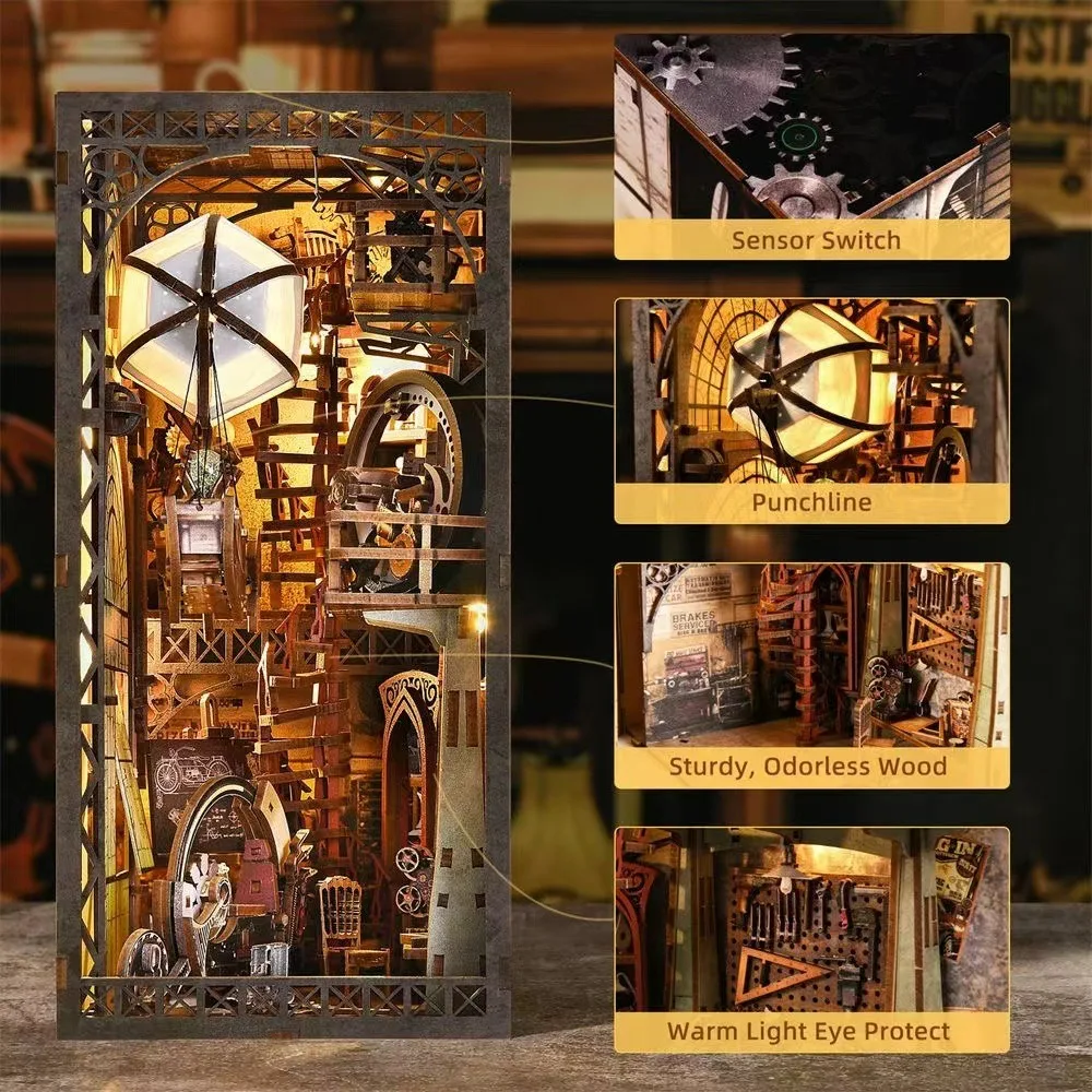 product 3d wooden puzzle mechanic book nook   diy toys for adults creative bookshelf insert with moving parts538-4
