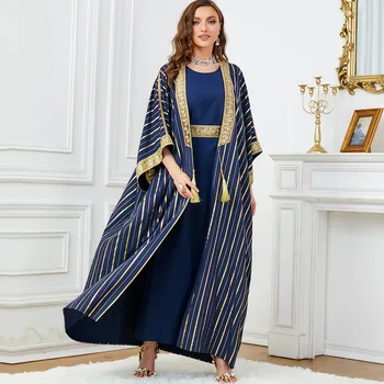 Luxury Dubai New Style 2 Pieces Set Abaya Muslim Blue Elegant Shiny Open Robe Inner Dress Islamic Clothing