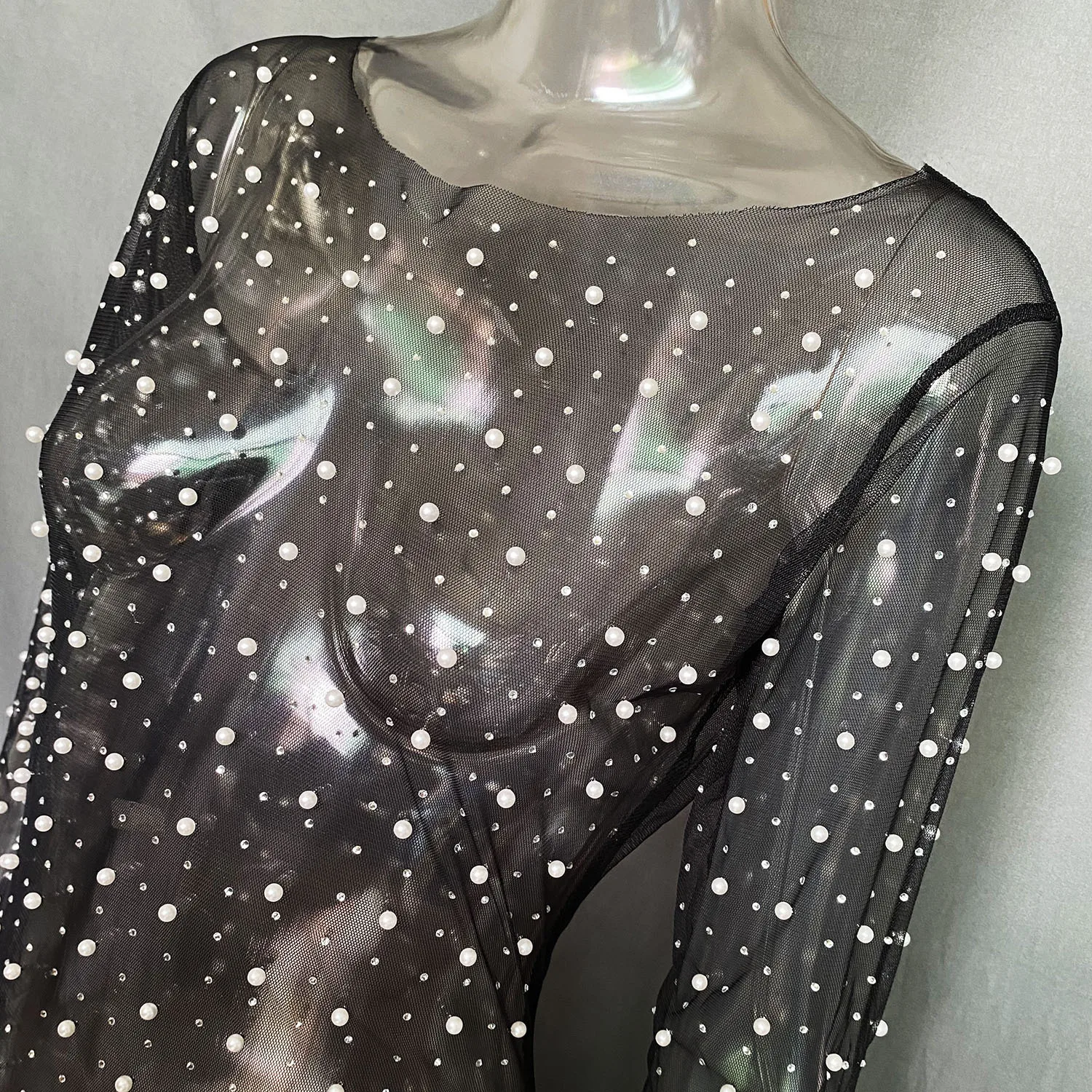 rhinestone fishnet dress long sleeve Anewsta Apricot Square Rhinestone Fishnet Maxi Dress Women's Long Sleeve Slim Fit Mesh Fabric Stand Collar Asymmetrical Hem Elegant Party Ni,L