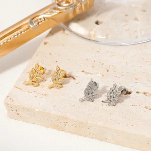 Unique Design Zircon Body Piercings Leaf Shape Stud Earrings 18K Gold Plating Titanium Jewelry Trendy Unisex Loftily