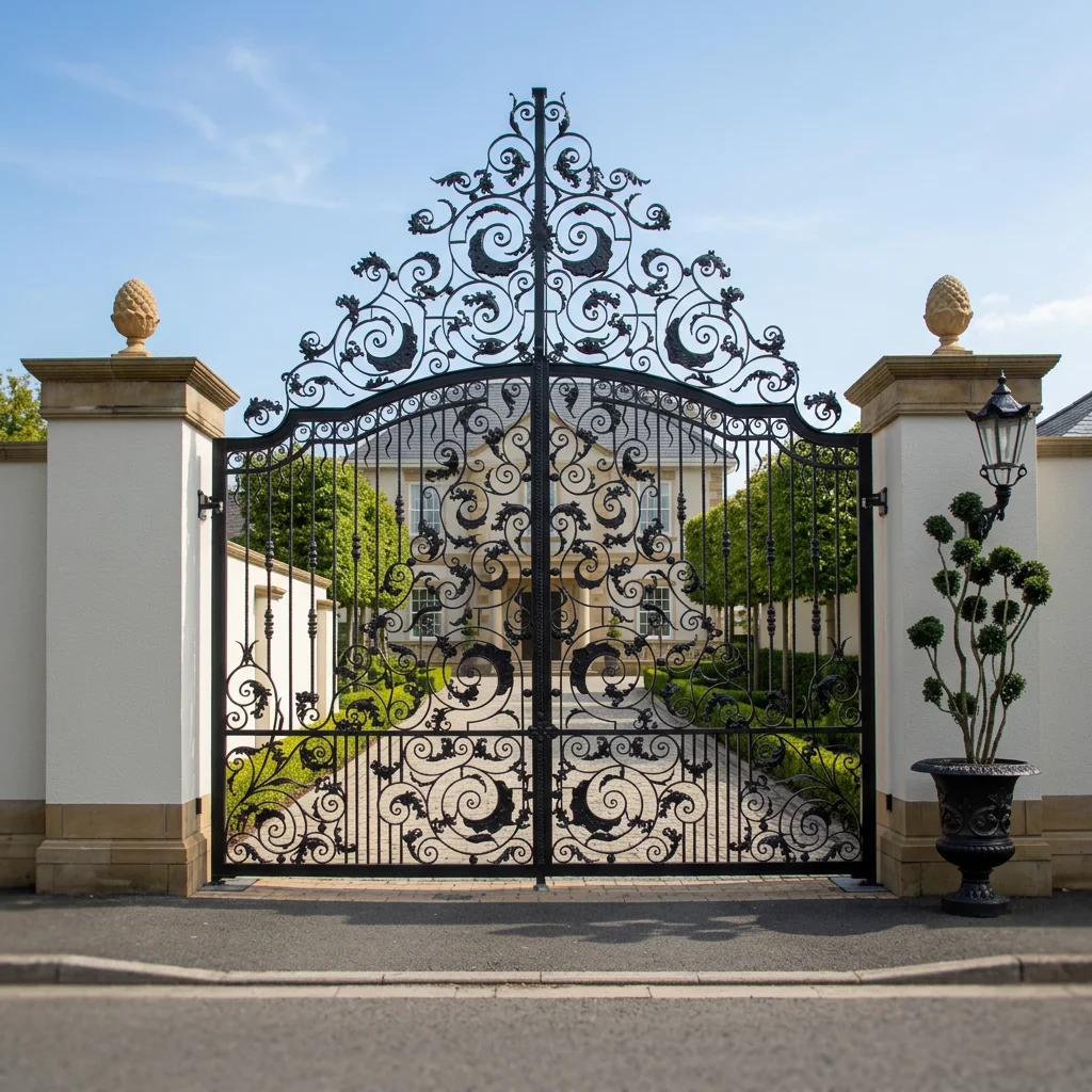 Elegant Spire Top Wrought Iron Automatic Fancy Swing Gate Graceful Pattern for Hotel Park Use Modern Design Durable Construction