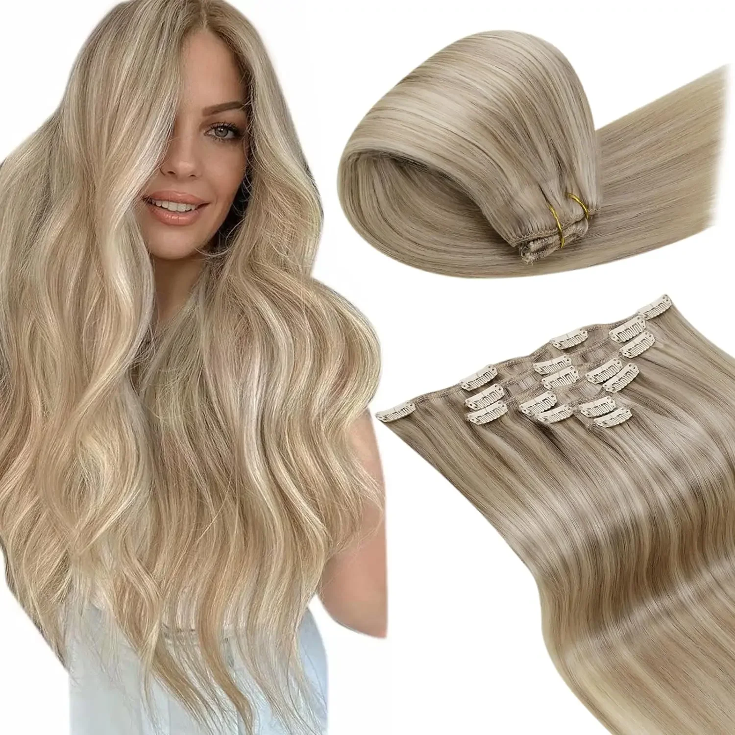 LaaVoo Clip-in-Haarverlängerungen für Frauen, 30,5–55,9 cm, 7-teilig, Highlight-Blond, 100 % echtes brasilianisches Haar, Clip-in-Extensions, 80 G/105 G_voghion.com