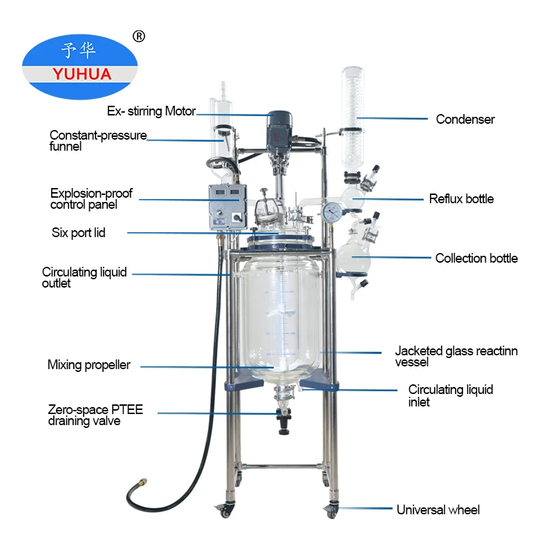 Юхуа промышленный химикат 5 литров покрытый кожухом стеклянный реактор 50 л лабораторная