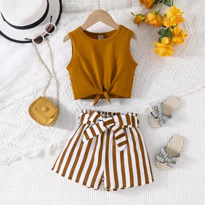 2pcs Girls Summer Casual Boutique Style Outfit Solid Color Tie Top and Striped Shorts Polyester/Cotton for Holidays