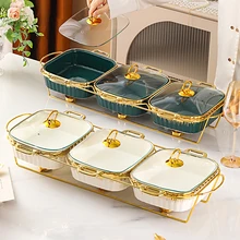 3pcs set rectangular food warmer soup pot tableware candle fire heating ceramic dry soup pot with golden rack