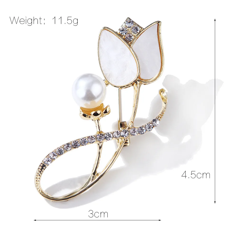 Go Party Temperament Flower Brooch Pearl Shell Rhinestone Brooch Tulip Brooches Pins for Women Corsage Suit Coat Accessories