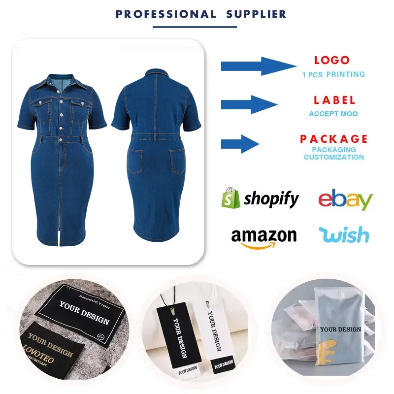 jeans dresses for ladies amazon High Quality Plus Size Denim Women Casual Elegant Short Sleeve Polo Collar Dresses Long sleeve denim
