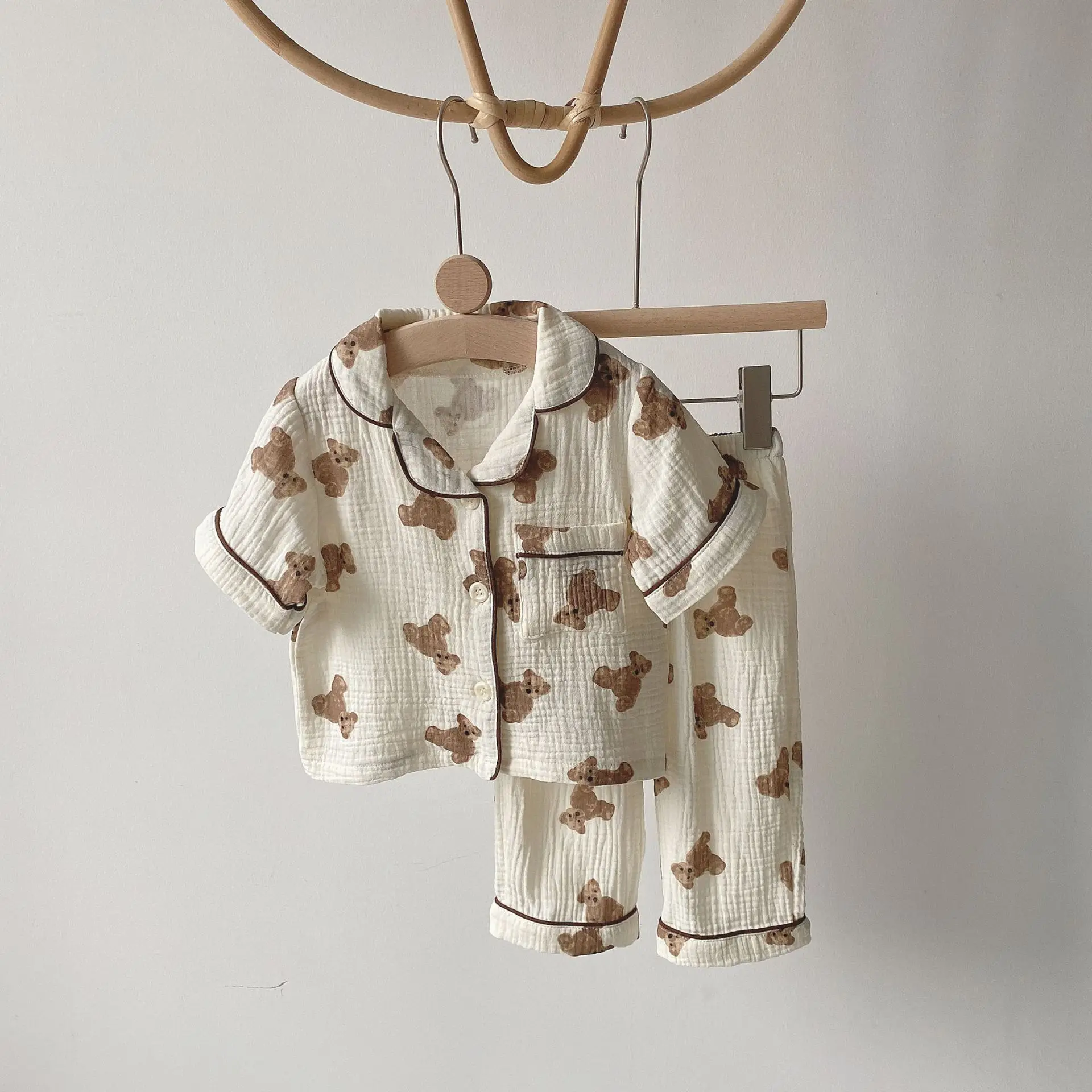2022 Children's Long Sleeved Pajamas Little Bear Printed Cotton Muslin ...