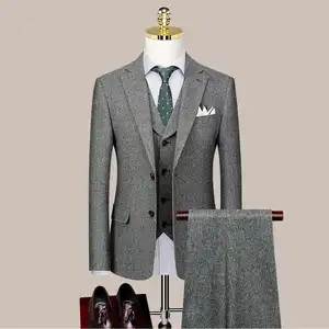 OEM Custom Men's 50% Wool Grey 3 Pieces Slim Business Zipper Closure V-neck Double Vents High Quality Plus Size Set Men's Suits