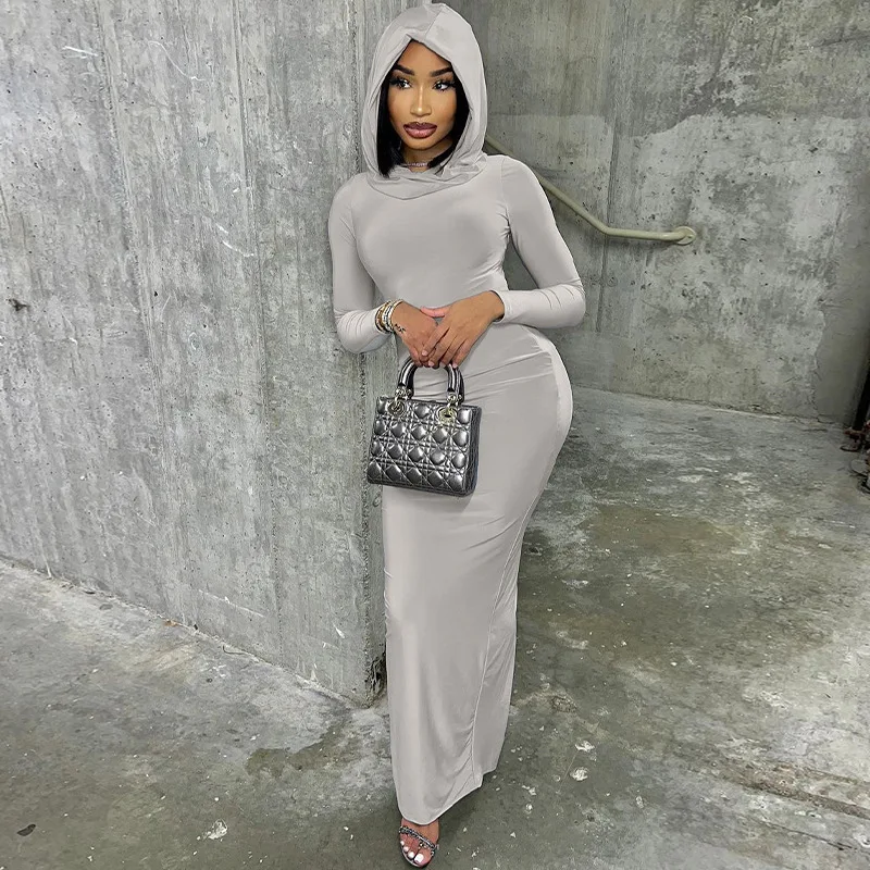 D3512950A Solid Hooded Maxi Dresses Ladies Fall New Slim Dress Full Sleeve  Skinny Women Casual Dresses