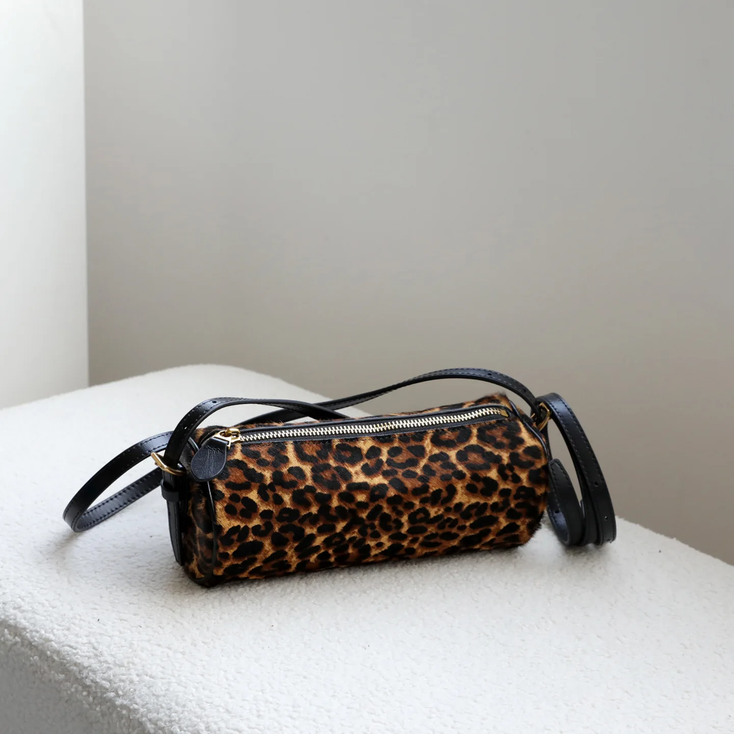 Real Horse Hair Genuine Leather Dual Zipper Underarm Bag Polyester Lining Leopard Print Small Crossbody Shoulder Bag for Women