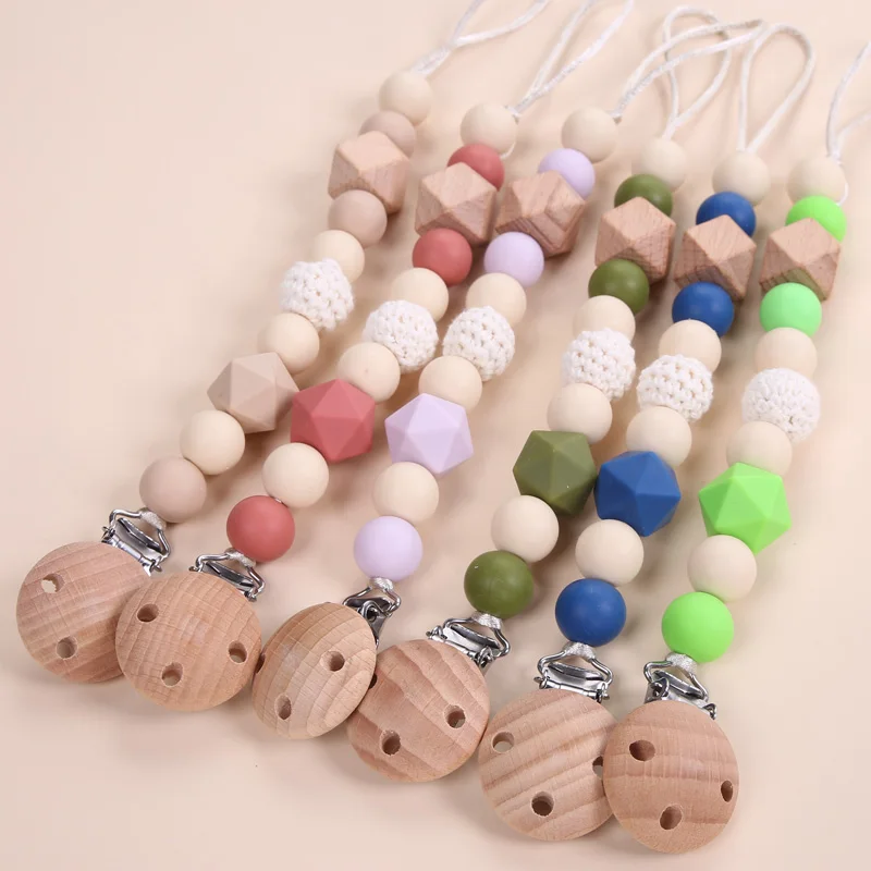 Product Wooden Soother Holder Silicone Beads  Baby Pacifier Chain Dummy Clasps 