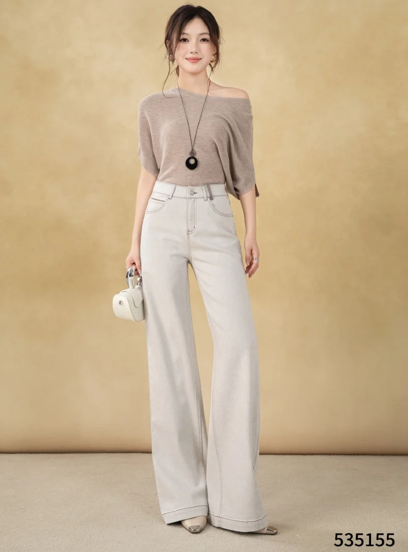 Women's Autumn Street Anti-Wrinkle Casual Jeans Wide Leg Flare Pants Long Sleeves Zipper Fly Solid Color Plain Dyed