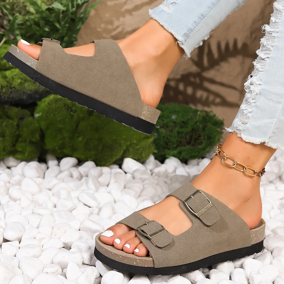 High Quality Summer Women Sandals 2024 Leather Upper Cork Sole Slippers