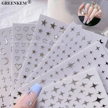 3D Metal Nail Stickers Hot Stamping Silver Star Shine Heart Back Adhesive Nail Decor Manicure Decoration Nail Art Stickers