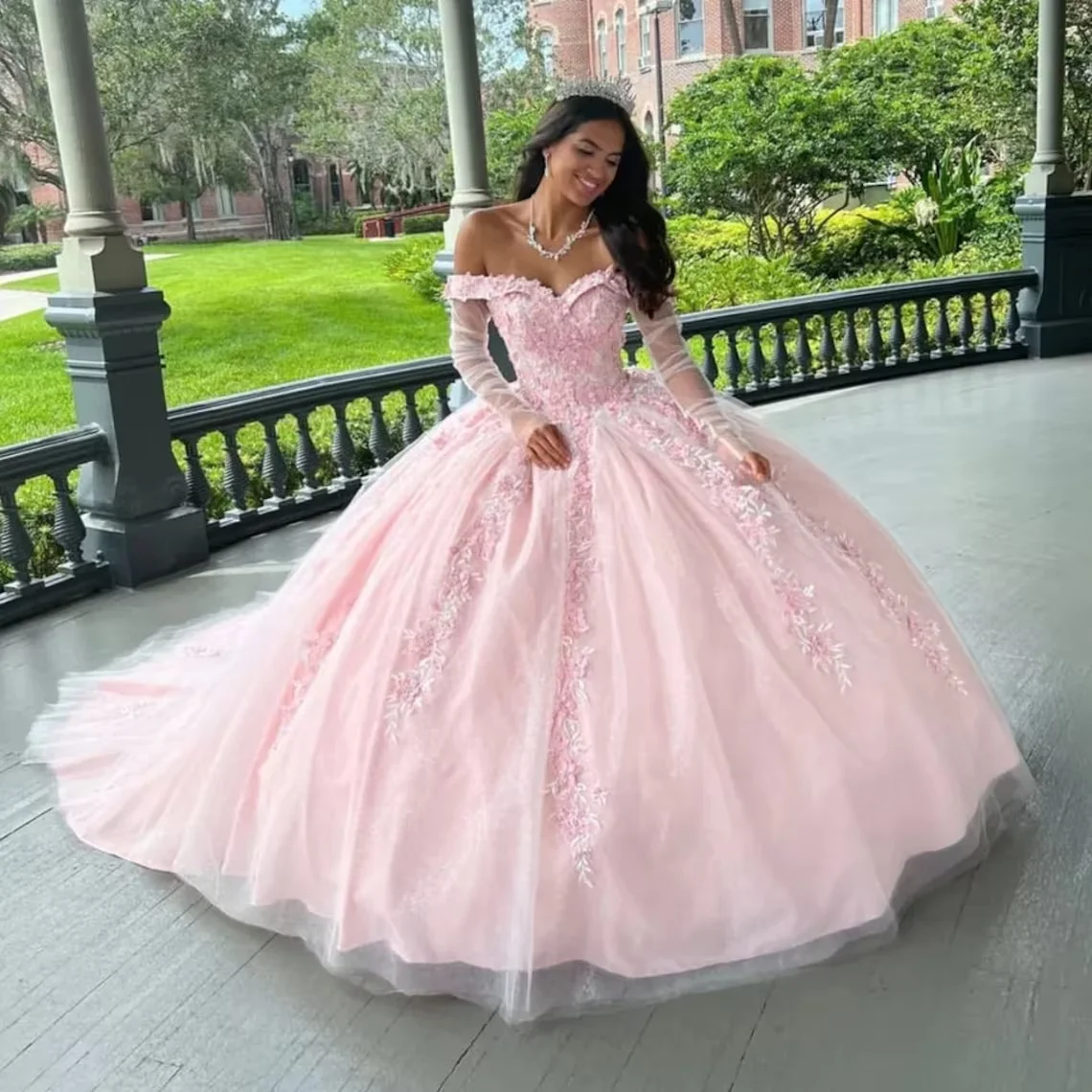 chinese dress ladies Pink Off-the-Shoulder Lace-Up Back Quinceanera Dress Ball Gown
