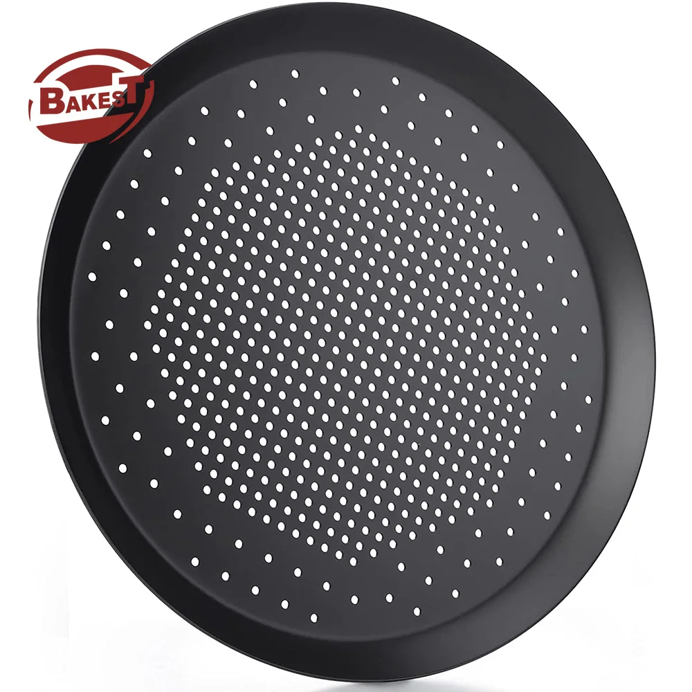 Bakest Perforated Aluminium Alloy Pizza Pan Round Black Non Stick With Holes Aluminum Alloy Vented Pizza Baking Pans for Oven