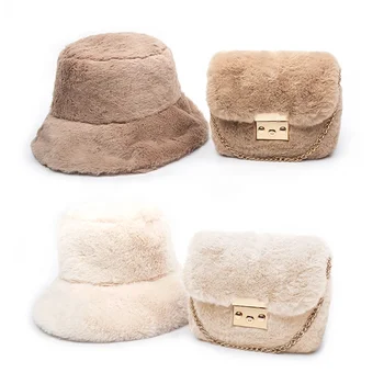 Matching Fur Bag And Hat Sets Women Handbags Ladies Bags Terry Bucket Hat Custom Logo Sling Handbags