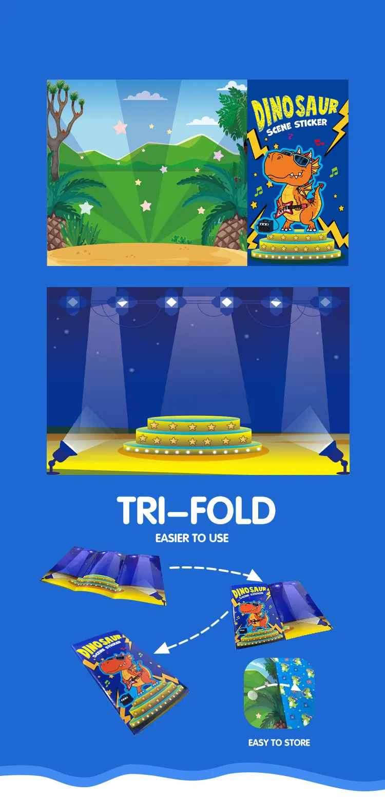 product custom new cognition tri fold dinosaur band creative scene reusable puffy stickers coloring book set for kids student-10