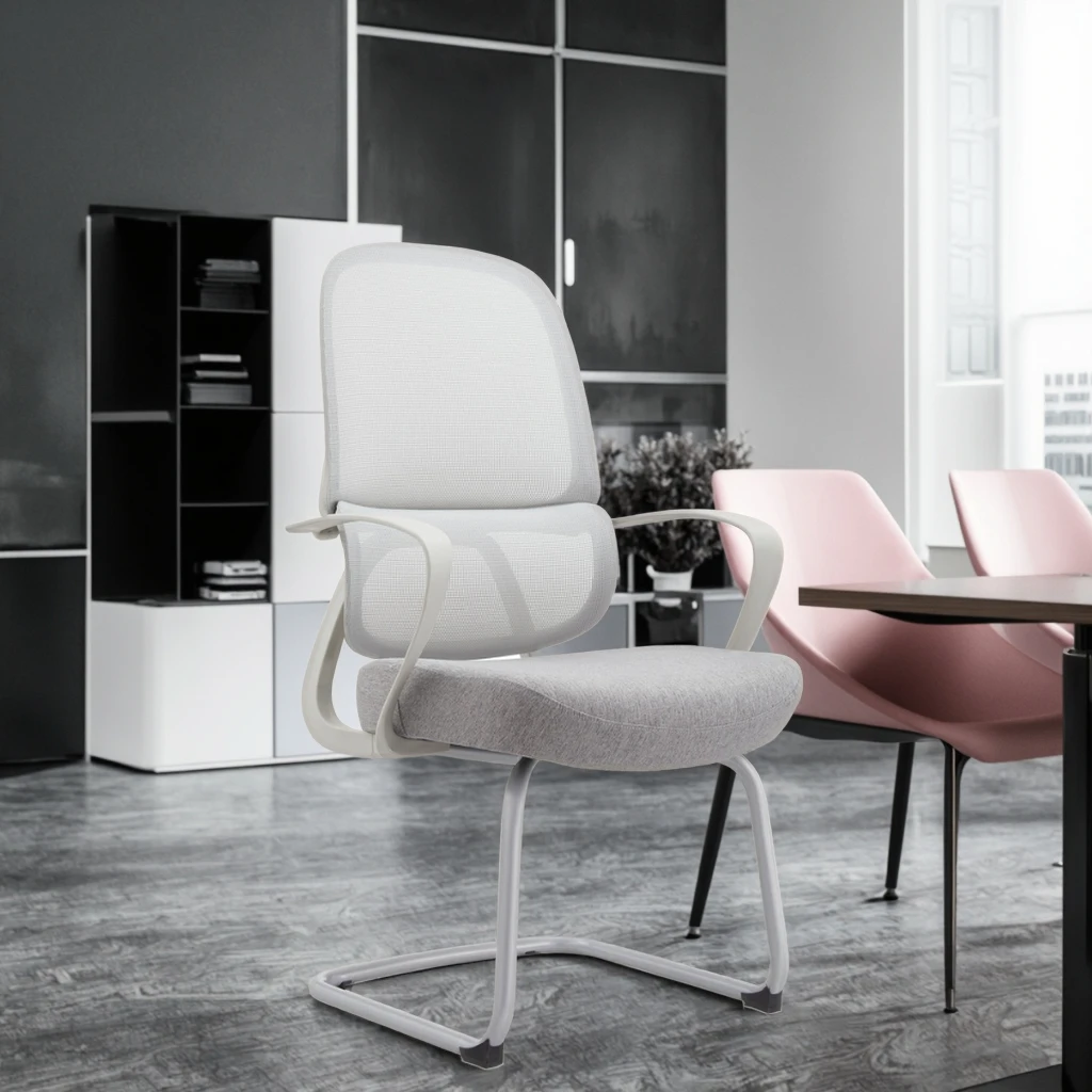 New Arrival 823C Gray PU Springframe Modern Lift Chair Industrial Steel Spring Base Curved Mesh Frame Conference Room Chair 3