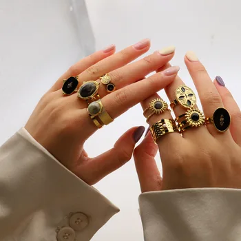 Fashion Hot Sale Natural Stone Titanium Steel Rings Vintage Gold Ladies Open Ring Hand Ornament Ring Wholesale