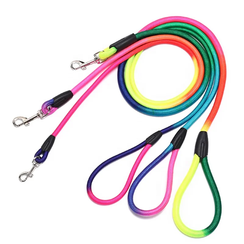 Rainbow Gradient Color Hands-Free Dog Leash Cotton and Nylon Pet Lead with Ribbon Decorations Solid Pattern Climbing Rope