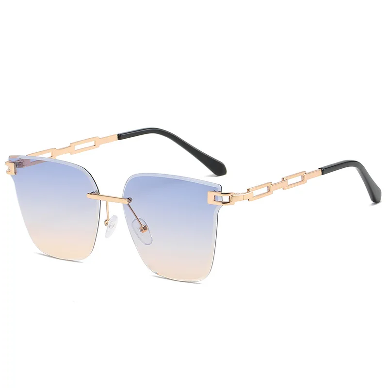 Luxury Style Brand Design Gold Chain Frame Rimless Diamond Cutting Charming Women Square Cat Eye Sunglasses