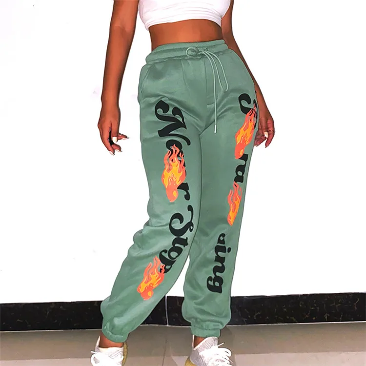 Streetwear Sweatpants Green Letter Fire 