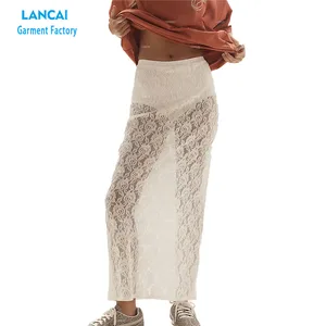 Women's Elegant Vintage Midi Skirt Sheer Lace with Pull-on Styling Flowy Low Waist Beach Party Fashion