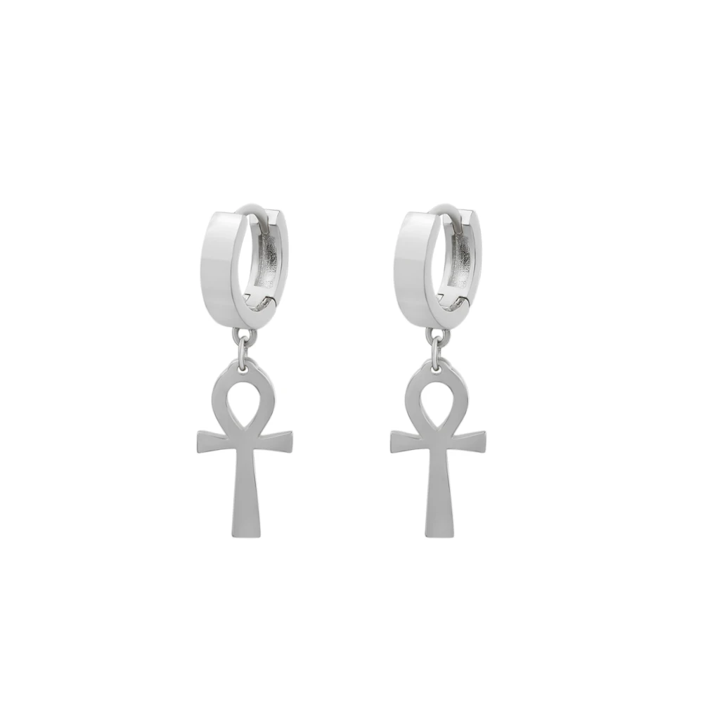 Men Ankh Cross 925 Sterling Silver Hip Hop Earrings With Charms