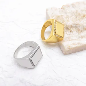 Light Luxury Men's Micro-Infused Zircon Simple Ring Handmade Geometric Square Glow Real Gold Plated Brass Jewelry Classic Gift