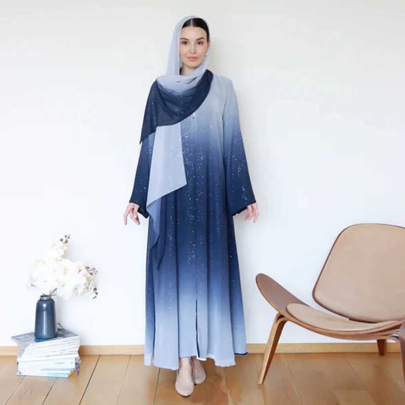 Gradient Glitter Chiffon Fabric Open Abaya Dress Latest Design Dubai Muslim  Cardigan Kimono With a Free Matching Shawl