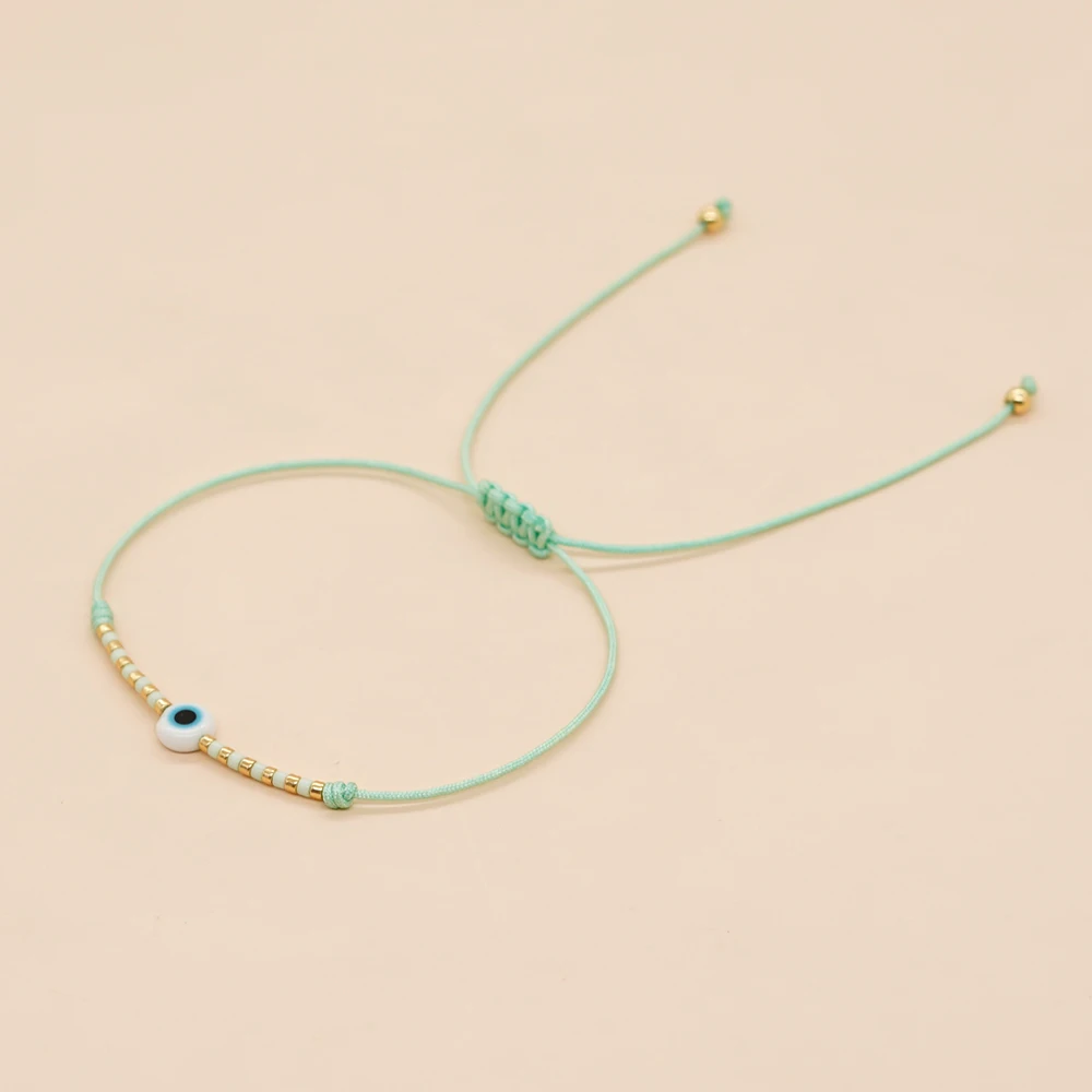 Go2boho Adjustable Rope Colorful Bead Evil Eye Bracelet Handmade 6mm White Round Glass Glass Eye Bead Bracelet