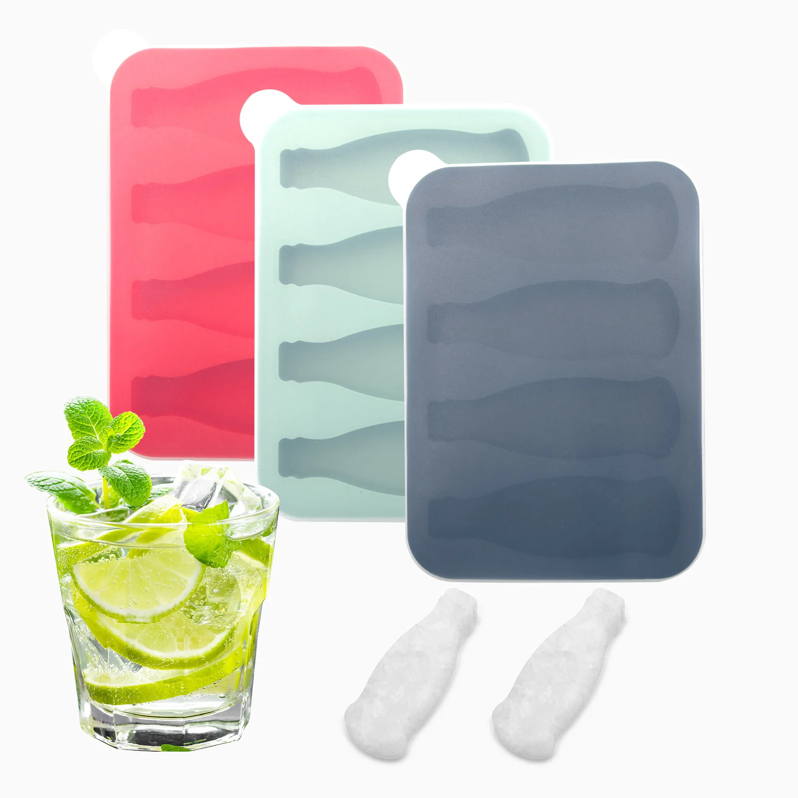 Reusable for Coke Bottle Shaped Silicone Ice Cube Mold 4 Grids DIY Ice Tray with Easy Demold Lid